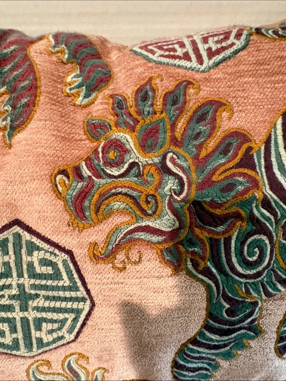 Embroidered Pink Dragon Motif Accent Pillow - Unbranded